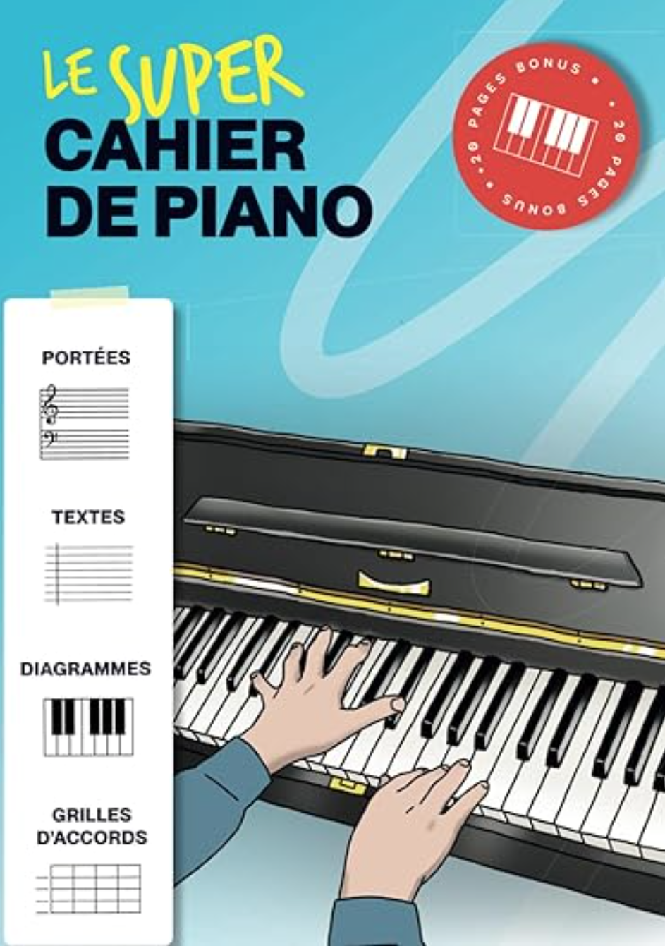 Cahier de piano, portées vierges et partitions, notes clavier et solfège