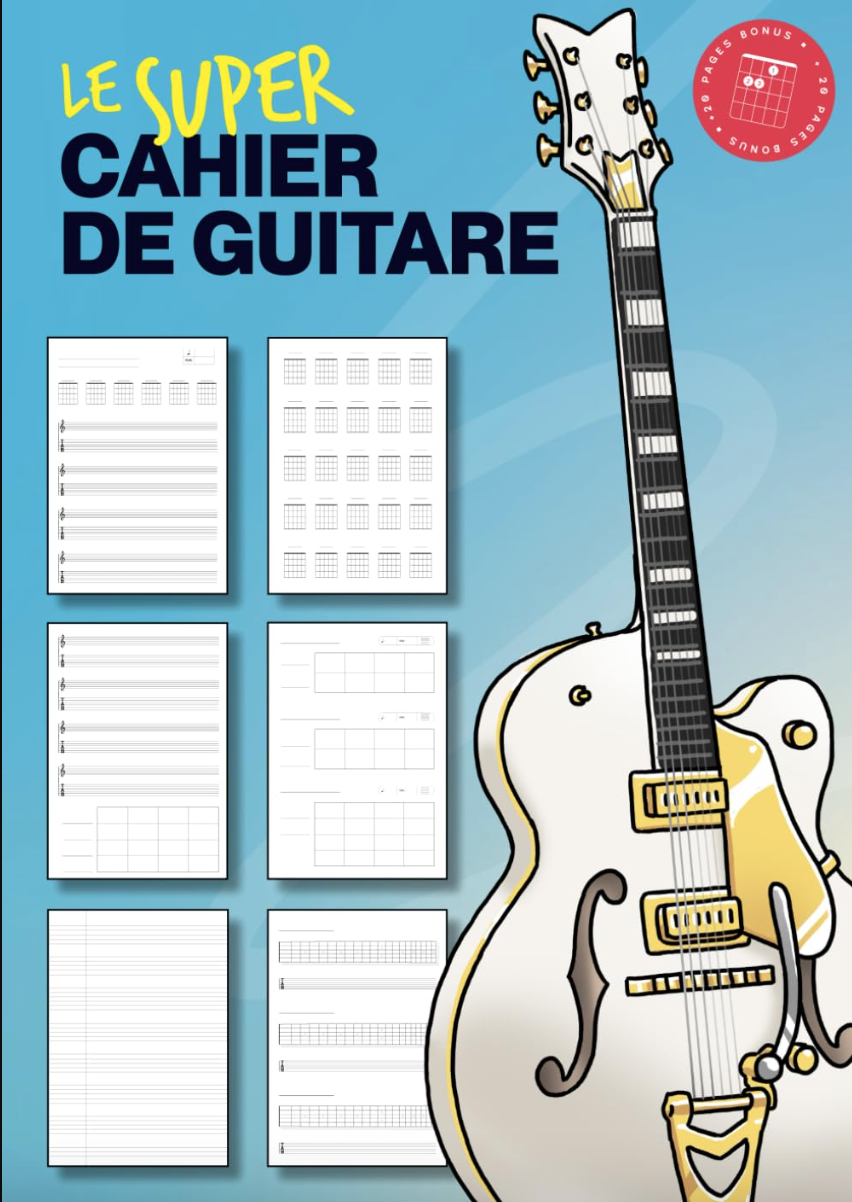 Livre et Cahier de guitare tablatures partition portées diagrammes d'accords, textes et paroles, manche de guitare